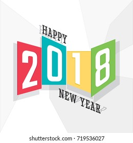2018 Happy New Year Logo with Numerals Filled in Distorted Rectangles and Greetings Lettering - Green Red Turquoise and Yellow Elements on White Polygonal Background - Vector Flat Graphic Design