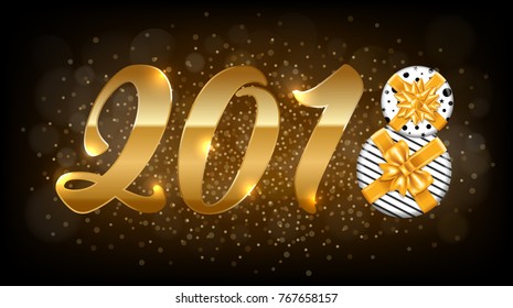 2018 Happy New Year luxury design. Golden numbers hand drawn by brush. Calligraphy lettering and round gift box in beautiful package with gorgeous golden bow. Golden glitters on background. Vector.