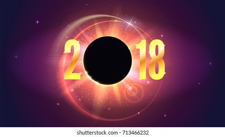 2018 Happy New Year and Marry Christmas card. Congratulation poster on space backdrop. Solar eclipse, astronomical phenomenon. Star burst with sparkles. The planet covering the Sun in eclipse