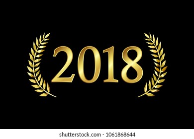 2018 A Happy New Year, merry xmas greetings with palms framed. Luxurious isolated golden round awards sign 20, 1, 8, 18, 21 and 28 numbers. Stained glass branches template on dark black background.