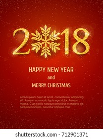 2018 Happy New Year and Merry Christmas Holiday Background with golden glitter numbers on red background. Vector seasonal  design for your flyer banner and greeting cards