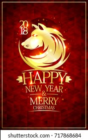 2018 Happy new year and Merry Christmas card with golden dog silhouette against rich deep red mosaic backdrop