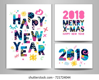 2018 Happy New Year, Merry X-mas Lettering. Greeting card. Hand drawn vector elements. White background. Colorful design.