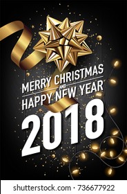 2018 happy new year and merry christmas vector greeting card and poster design with golden ribbon and light.