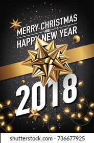 2018 happy new year and merry christmas vector greeting card and poster design with golden ribbon and light.