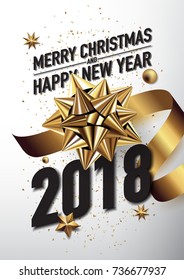 2018 happy new year and merry christmas vector greeting card and poster design with golden ribbon and light.