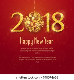 2018 Happy New Year and Merry Christmas Background with golden glitter numbers with Christmas ball on red background. Vector holiday design for your flyer banner and greeting cards