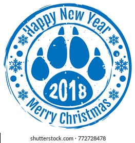 2018 Happy new year and Merry Christmas. Stamp dog footprint paw trail symbol 2018 on Chinese calendar. Isolated on white vector illustration