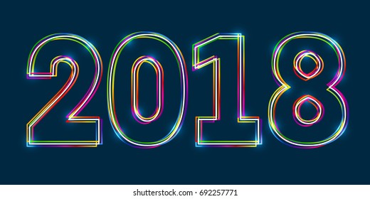 2018 Happy New Year. Multicolor outline numbers with glowing effect on blue background. Vector EPS10