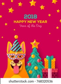 2018 Happy New year night with cheerful yellow dog in carnival mask and cap. Vector illustration. Christmas tree, stars and gift box on pink background