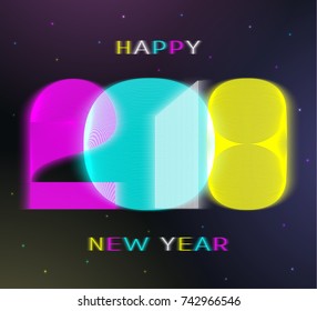 2018 Happy New Year. Number made in minimalist style. Figures are filled with glowing lines. Vector illustration.
