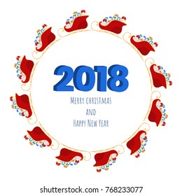 2018 Happy new year numbers design with santa sleigh and presents. Festive premium design template for holiday greeting card. Vector Illustration.