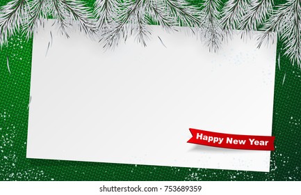 2018 Happy New Year poster. Banner with snow and silver branches of christmas tree with paper and red ribbon. Christmas design, decor. Green knitted background. Vector illustration. Space for text.