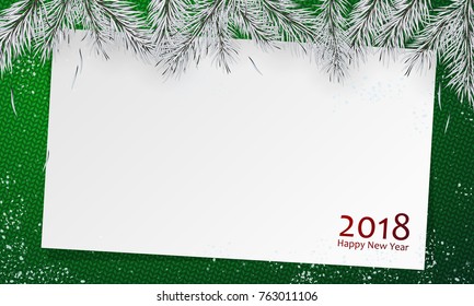 2018 Happy New Year poster. Banner with snow and silver branches of christmas tree with paper. Christmas design, decor. Green knitted background. Vector illustration. Space for text.