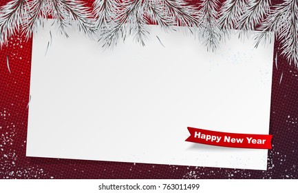 2018 Happy New Year poster. Banner with snow and silver branches of christmas tree with paper and red ribbon. Christmas design, decor. Red knitted background. Vector illustration. Space for text.
