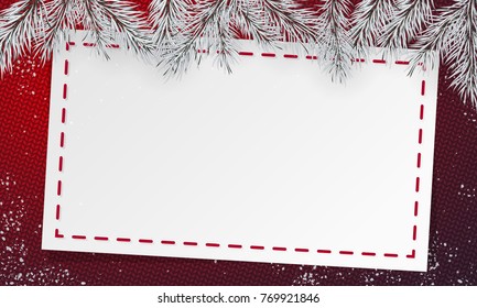 2018 Happy New Year poster. Banner with snow and silver branches of christmas tree with paper and rope. Christmas design, decor. Red Knitted background. Vector illustration. Space for text.