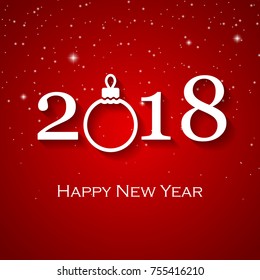 2018 Happy New Year red greeting card with white Christmas ball and snow