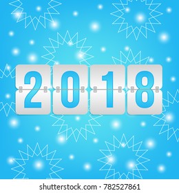 2018 Happy New Year scoreboard vector illustration. Winter holiday snow pattern for celebration. Blue and white decorative Christmas background with snowflakes, lights and flip symbol