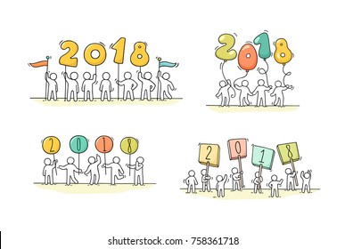2018 Happy New Year set. Cartoon doodle illustration with liitle people prepare to celebration. Hand drawn vector illustration. 