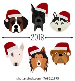 2018. Happy New Year. Set of 6 dog's head with santa claus cap. Flat design. Pets. Cute doggies. Icon or logo. Cartoon character. Animals. It can be used for card, calendar, banner. Vector, eps10