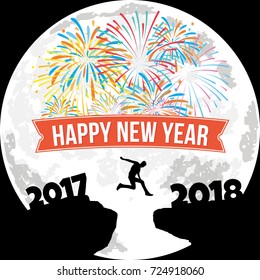 2018 Happy new year. Silhouette of a man jumping from 2017 to 2018 on cliffs with moon and fireworks as background