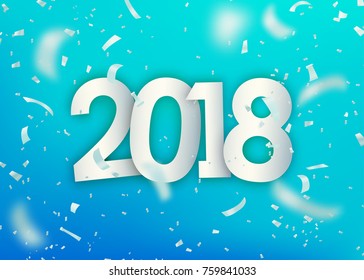 2018 happy new year. Silver confetti, tinsel, tiny paper pieces on light blue background with 3d effect. Vector illustration