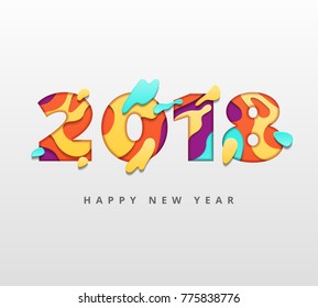 2018 Happy New Year template with abstract paper cut style. Creative happy new year paper art and craft style. Colorful 3D carving art flyers, posters, brochure or voucher discount. Vector stock