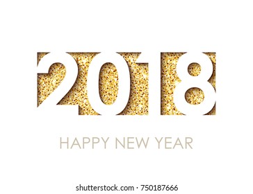 2018 Happy New Year text for greeting card, calendar, invitation. White background with shine gold confetti. Vector illustration.