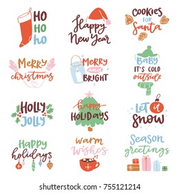 2018 happy New Year text logo badge lettering holiday calendar print design Merry Christmas newborn party illustration. New Year 2018 logotype set