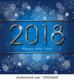 2018 Happy New Year text design with snowflake. Vector greeting illustration with golden numbers on blue background EPS 10