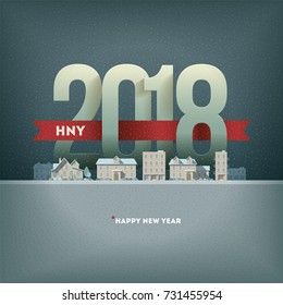 2018 Happy New Year in town. Vector greeting card design. Elements are layered separately in vector file.