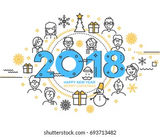 2018 Happy New Year trendy card or background.
Modern Thin Contour Line Design Concept. Flat, outline. Vector Illustration
Isolated on white background.