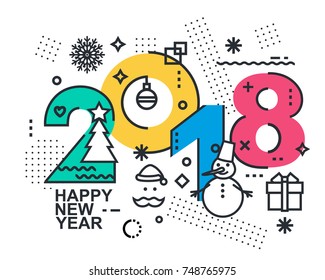 2018 Happy New Year trendy and minimalistic card or background.
Modern Thin Contour Line Design Concept. Flat, outline style. Vector Illustration
Isolated on background.