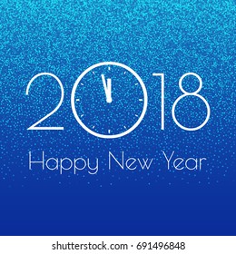 2018 Happy New Year typography. White inscription on blue glitter textured abstract background. Useful for greeting cards, invitation or print design. Modern lettering. Vector illustration