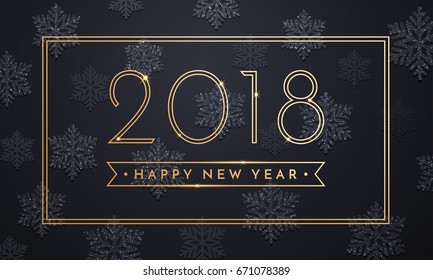 2018 Happy New Year vector background with gold and silver glitter numbers. Festive retro poster with shimmering snowflake texture