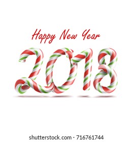 2018 Happy New Year Vector. 3D Number Sign In Christmas Colours. Classic Xmas Red, White, Candy Cane. New Year Poster, Greeting Card, Brochure, Flyer Typography Template Design. Isolated Illustration