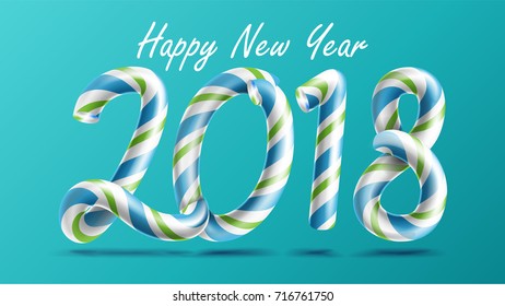 2018 Happy New Year Vector. 3D Number Sign In Christmas Colours. Classic Xmas Candy Cane. New Year Poster, Greeting Card, Brochure, Flyer Typography Template Design. Isolated Illustration