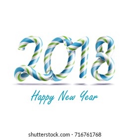 2018 Happy New Year Vector. 3D Number Sign In Christmas Colours. Classic Xmas Candy Cane. New Year Poster, Greeting Card, Brochure, Flyer Typography Template Design. Isolated Illustration