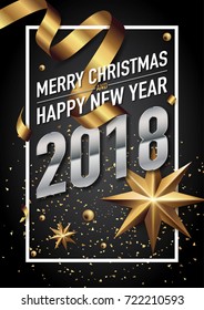 2018 happy new year vector greeting card and poster design with golden ribbon and star.