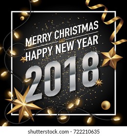 2018 happy new year vector greeting card and poster design with golden ribbon and star.