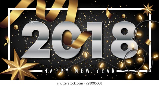 2018 happy new year vector greeting card and poster design with golden ribbon and star.