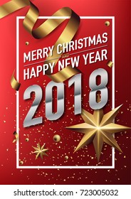 2018 happy new year vector greeting card and poster design with golden ribbon and star.