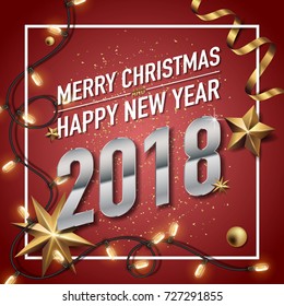 2018 happy new year vector greeting card and poster design with golden ribbon and star.