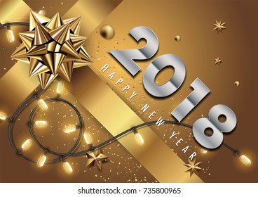 2018 happy new year vector greeting card and poster design with golden ribbon and star.