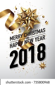 2018 happy new year vector greeting card and poster design with golden ribbon and star.