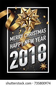 2018 happy new year vector greeting card and poster design with golden ribbon and star.