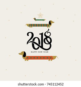 2018 happy new year Vector winter card writing calligraphic numbers 2018 and congratulations with happy New Year dog image Christmas dog Dachshund,2018 happy new year dog