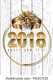 2018 happy new year vector greeting card and poster design with golden ribbon and star.Eps10.