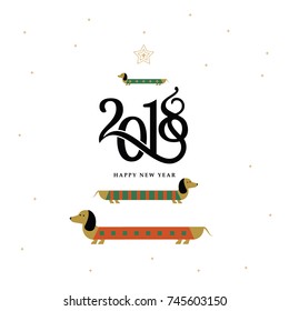 2018 happy new year Vector winter card writing calligraphic numbers 2018 and congratulations with happy New Year dog image Christmas dog Dachshund,2018 happy new year dog