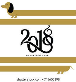 2018 happy new year Vector winter card writing calligraphic numbers 2018 and congratulations with happy New Year dog image Christmas dog Dachshund,2018 happy new year dog